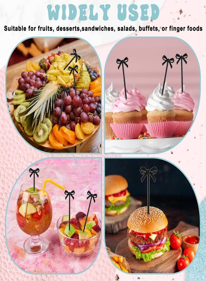 BOHUIZ 60 Pcs Black Cocktail Picks, Black Bow Decor Cupcake Toppers Fruit Fork Drink Stirrers Bow Design Party Food Sticks Dessert Picks for Cocktail Appetizers Drinks Party Fruit - Image 5